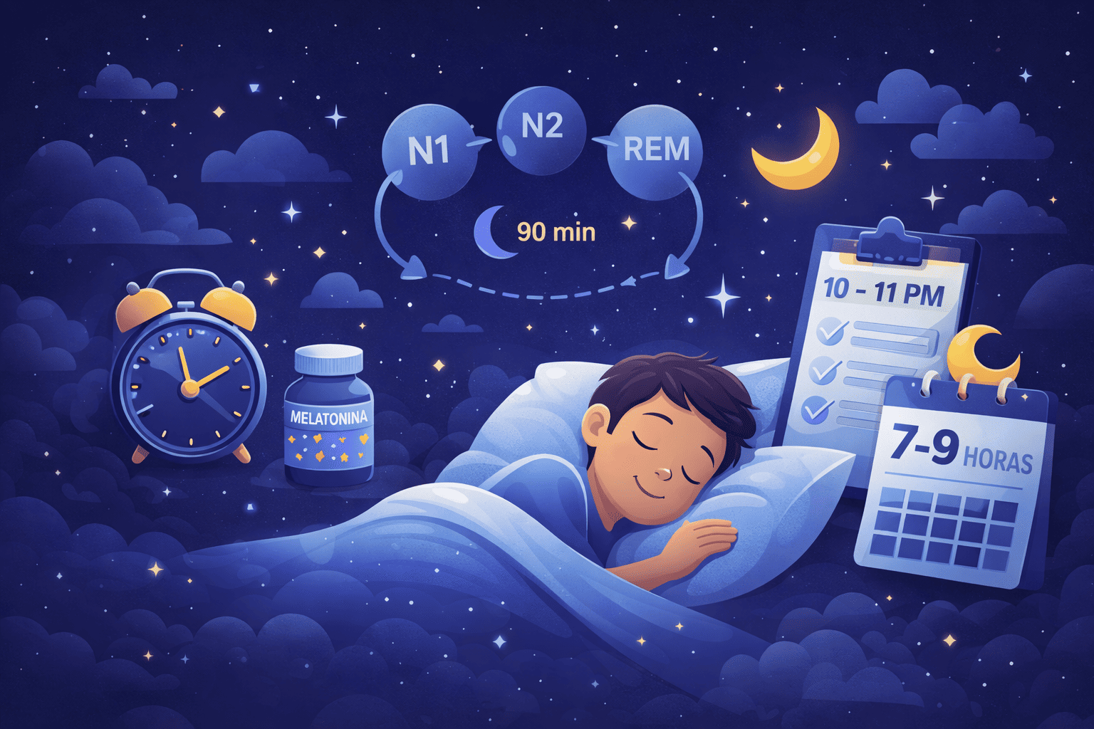 Niño durmiendo con reloj, mes y ciclos de sueño de 90 minutos en calculadora