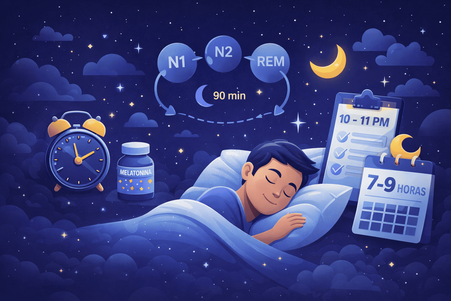 Hombre durmiendo con reloj, melatonina y guía de 7-9 horas de sueño