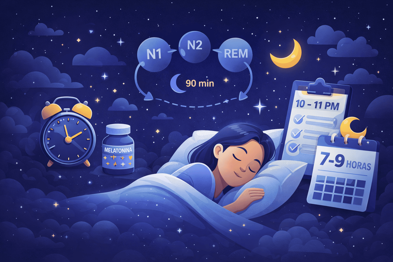 Persona durmiendo con ciclos de sueño y fases en calculadora en línea